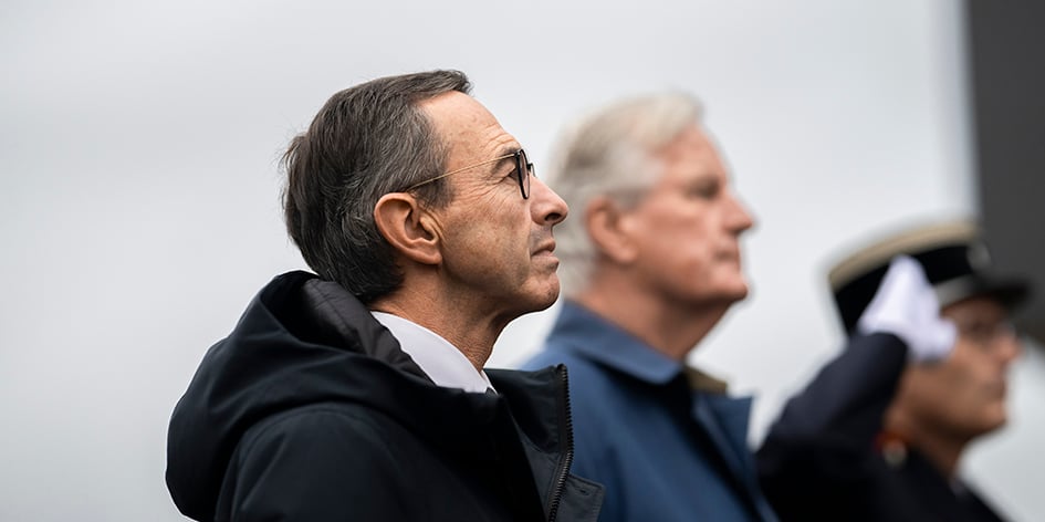 Michel Barnier et Bruno Retailleau au 130e Congrès national des Sapeurs-Pompiers de France, le 28 septembre 2024.