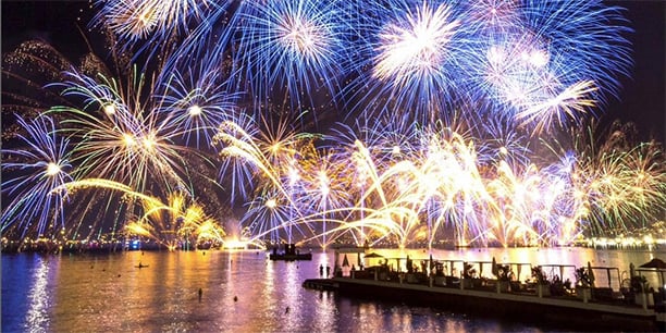 Vue d’un feu d’artifice depuis la Croisette, à Cannes.