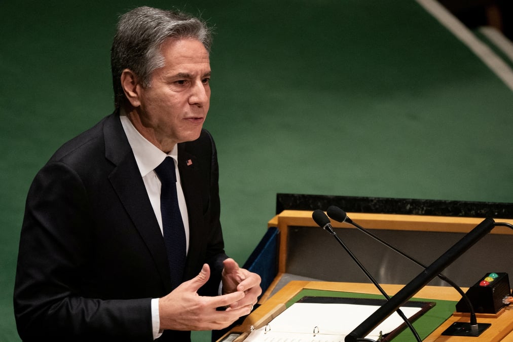 Le secretaire d'etat americain antony blinken s'adresse a l'assemblee generale des nations unies lors de la conference d'examen du traite de non-proliferation nucleaire a new york