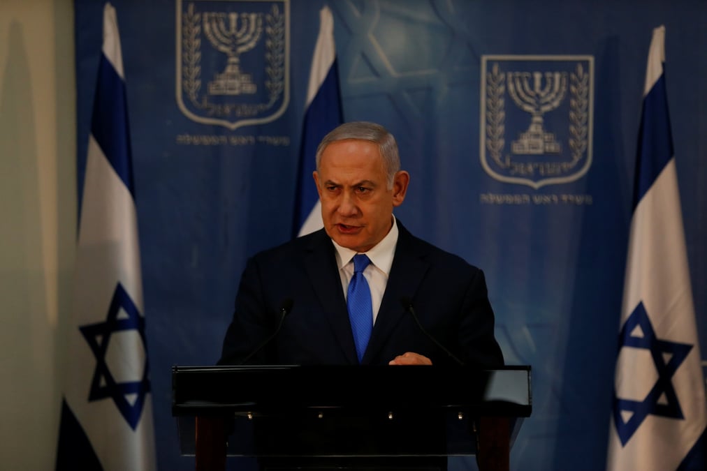 Le premier ministre israelien benjamin netanyahu fait une declaration a la presse au ministere de la defense a tel aviv