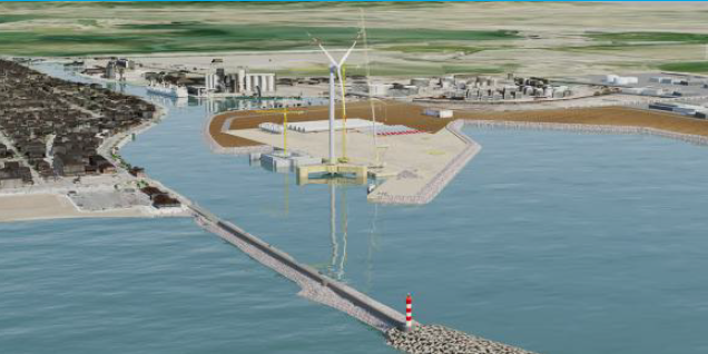 Vue d'artiste du projet d'extension portuaire, avec notamment le projet de ferme d'éoliennes off-shore