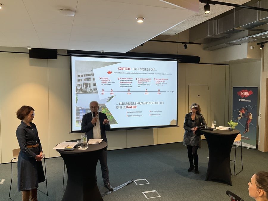 Les trois dirigeants du Crédit Mutuel Arkéa ont présenté à Rennes mercredi 29 janvier le plan "faire 2030" visant à propulser le groupe bancaire coopératif vers plus de croissance et de transformation.