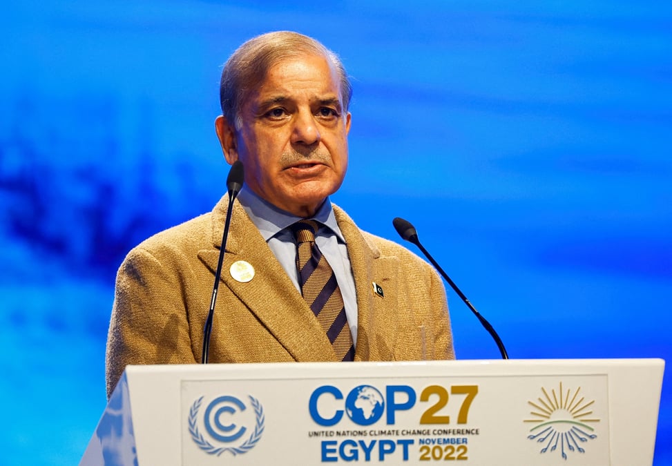 Le premier ministre pakistanais shehbaz sharif s'exprimant lors du sommet sur le climat cop27 a sharm el-sheikh, en egypte