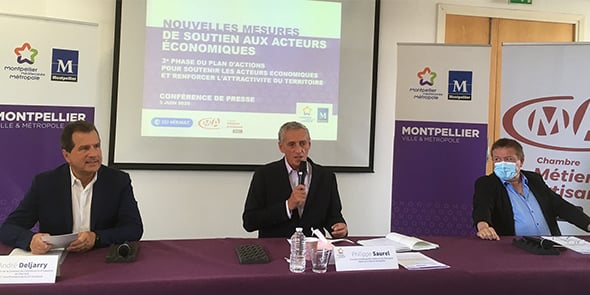 André Deljarry (président de la CCI de l'Hérault), Philippe Saurel (président de la Métropole de Montpellier et maire de la ville) et Christian Poujol (président de la Chambre des métiers et de l'artisanat 34) présentent la phase 3 du plan de soutien à l'économie.