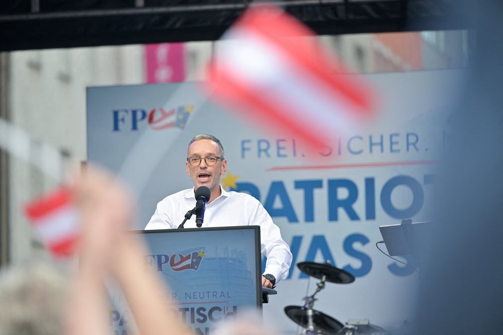 Le chef autrichien du parti de la liberte (fpoe), herbert kickl, lors d'un rassemblement pour les elections europeennes a vienne