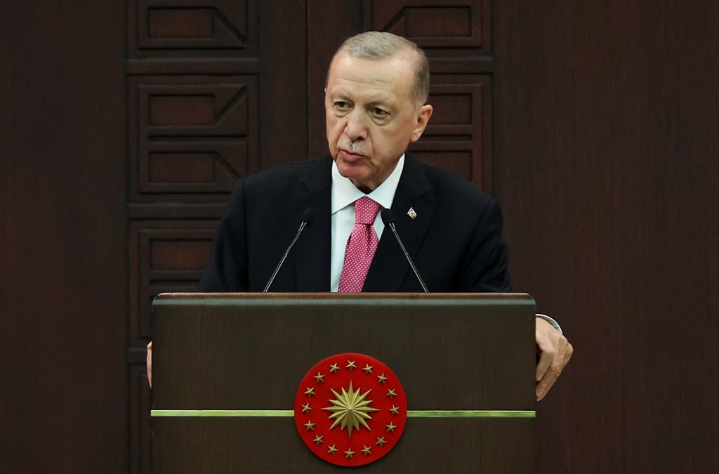 Le president turc tayyip erdogan annonce la composition de son nouveau cabinet lors d'une conference de presse a ankara