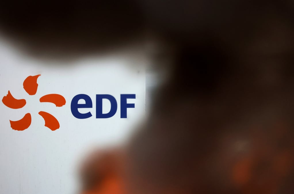Le logo de l'entreprise d'edf derriere un feu allume lors d'une greve