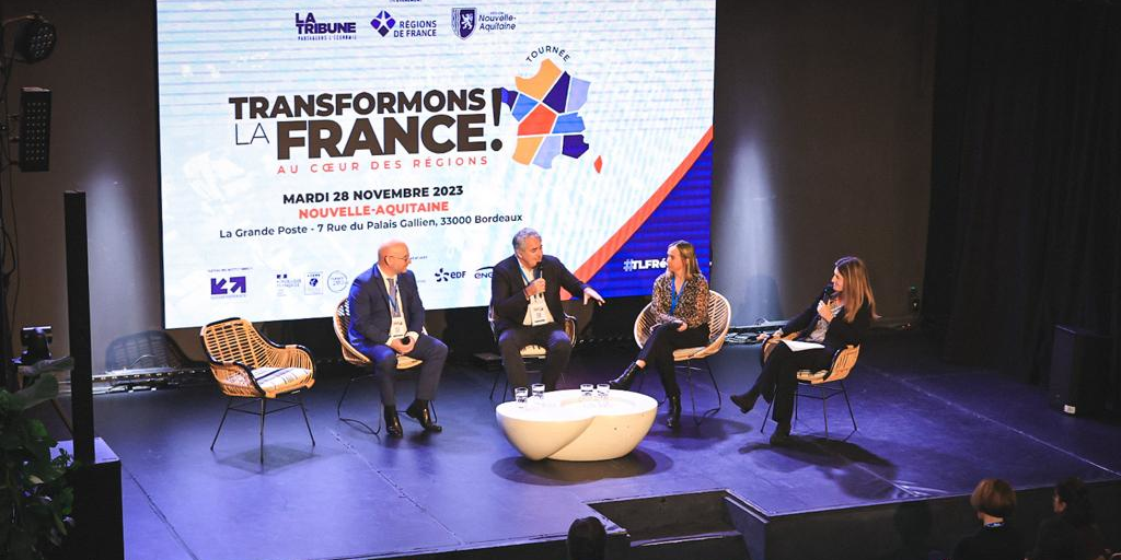 Alexandre Cieux, Damien Havard et Manon Vaillant, mardi 28 novembre 2023, lors de la table-ronde « Construire une usine : le parcours du combattant ? » animée par Raphaëlle Duchemin.