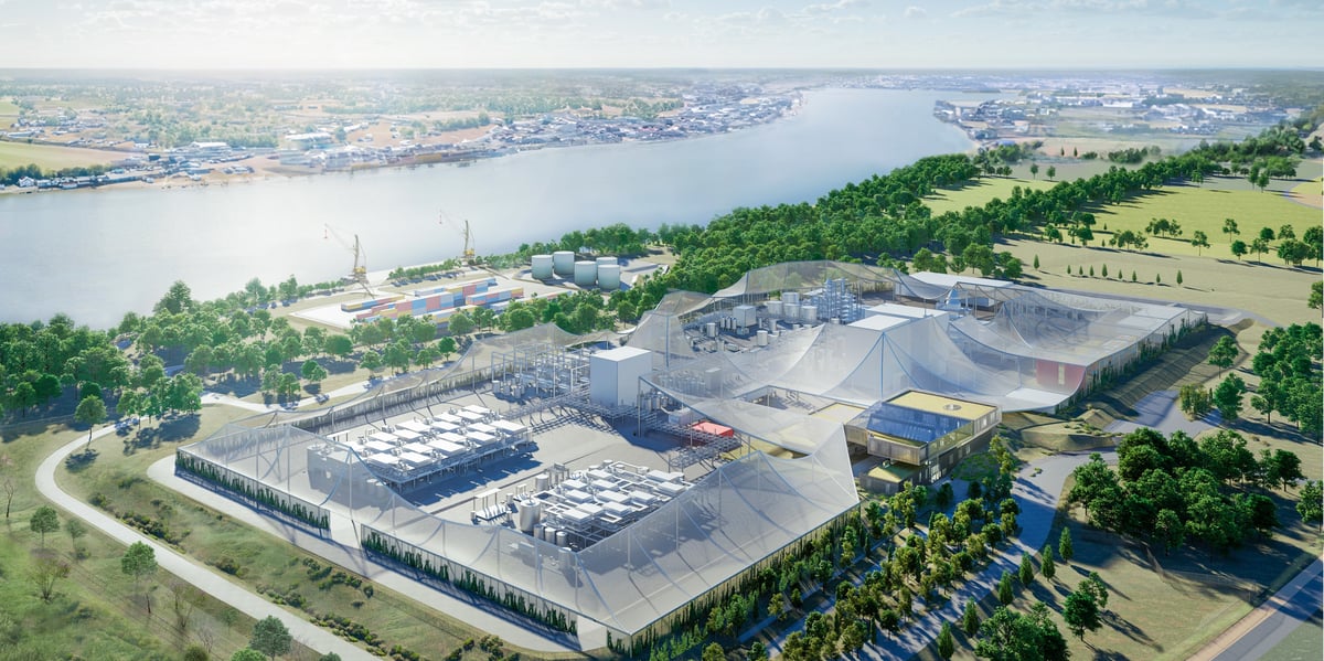 Esquisse graphique de la future usine EMME, le long de la Garonne, à Parempuyre, au nord de Bordeaux.