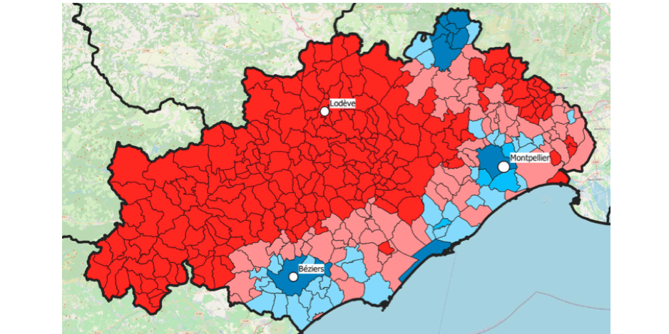 Carte de la fracture sanitaire de l’Hérault concernant les gynécologues (tous tarifs confondus), avec en rouge les déserts médicaux, en rose les accès difficiles aux soins, en bleu clair les accès inférieurs à la moyenne et en bleu foncé les accès très supérieurs à la moyenne.