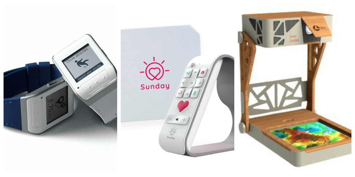 Les innovations développées en Nouvelle-Aquitaine pour le public senior par Vitalbase, Sunday Box et Ullo (de gauche à droite).