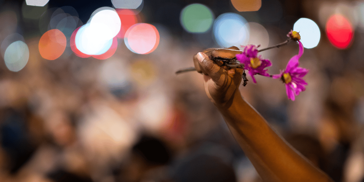 Violences policières États-Unis : une personne brandit une fleur, tandis que les manifestants s'assoient en silence pendant neuf minutes dans le cadre d'une manifestation pacifique pour protester contre la mort de George Floyd