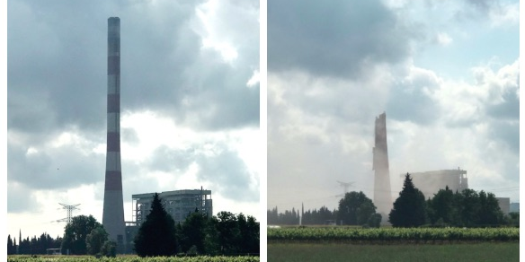 La déconstruction de la cheminée de la centrale thermique d'Aramon (Gard), symbole industriel du territoire, a démarré le 7 juin 2023.