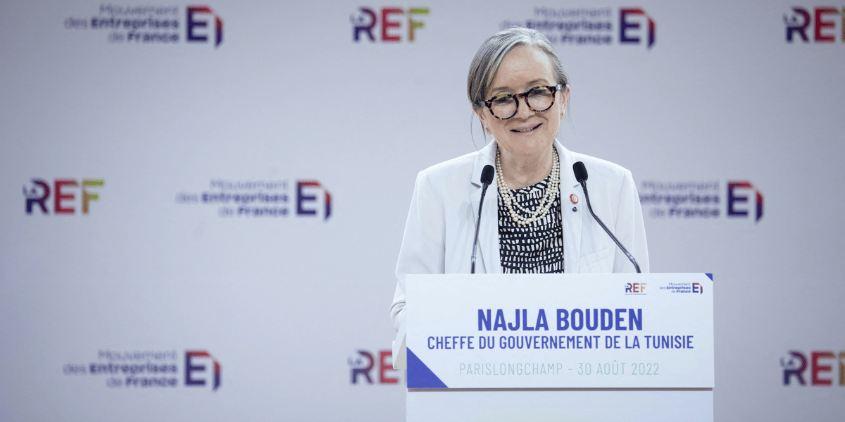 La Première ministre Najla Bouden, lors de son intervention à l'université du Medef le 30 août 2022.