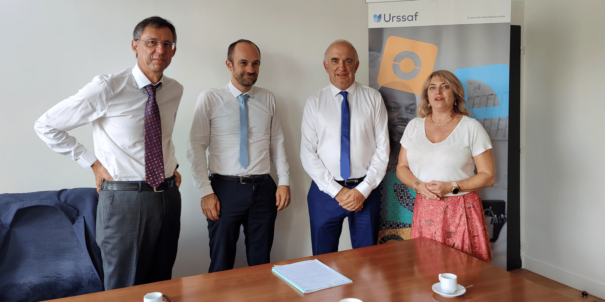 Henri Lourde Rocheblave, directeur de l'Urssaf Aquitaine, Yann-Gaël Amghar, le directeur général de l'Urssaf, Jean-Paul Pagola, le président de l'Urssaf Aquitaine et Valérie Ponzo, la directrice de la communication de l'Urssaf Aquitaine, lundi 11 septembre 2023.