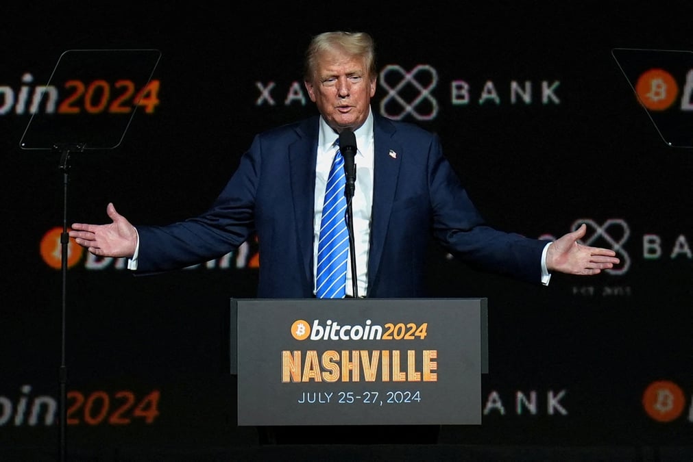 Le candidat republicain a l'election presidentielle donald trump participe a la conference sur les cryptomonnaies a nashville