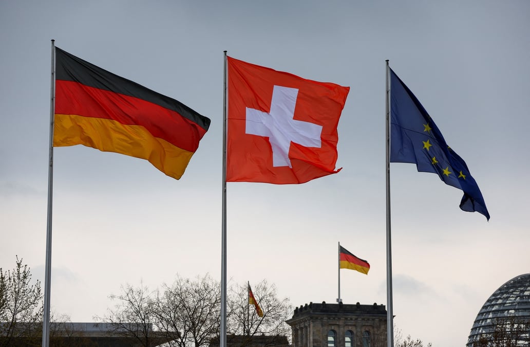 Les drapeaux de l'allemagne, de la suisse et de l'union europeenne