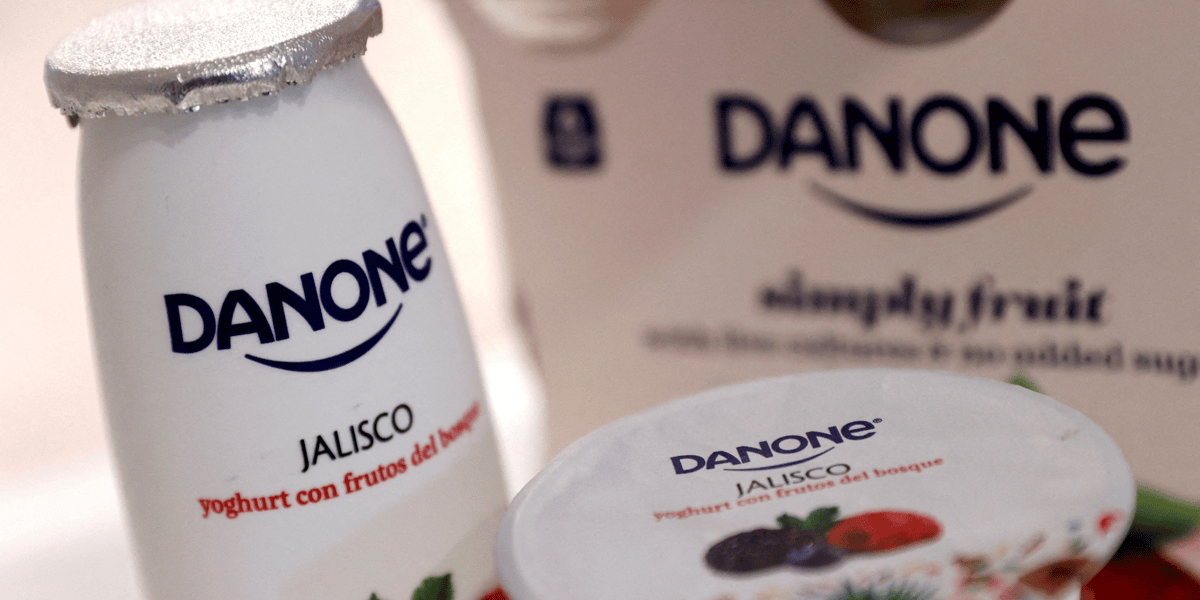 Produits danone exposes avant la presentation des resultats annuels 2019 du groupe alimentaire francais a paris