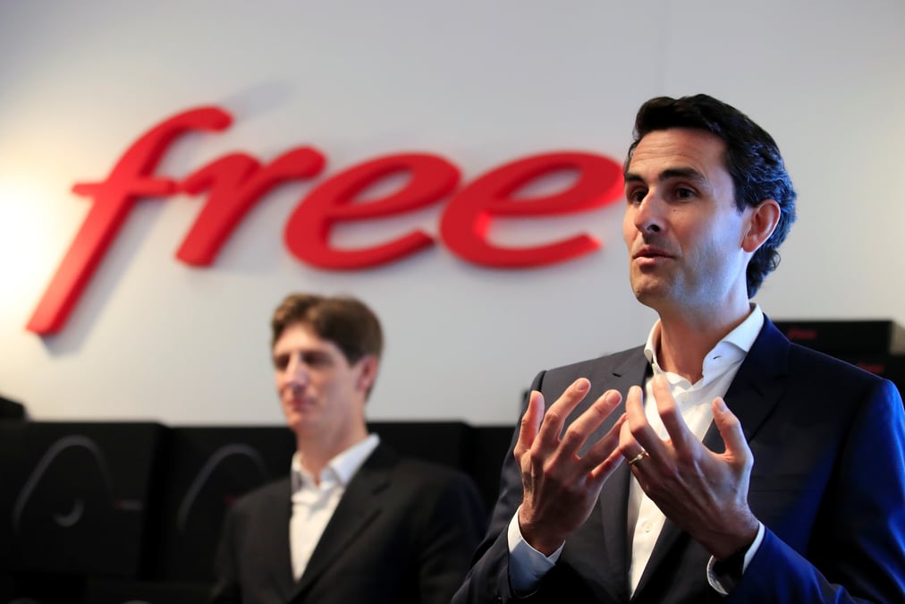 Thomas reynaud, directeur general du fournisseur francais d'acces a internet haut debit iliad, et nicolas jaeger, directeur financier d'iliad, assistent a la presentation des resultats annuels 2018 de la societe a paris