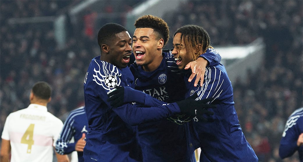 Ousmane Dembélé, Désiré Doué et Bradley Barcola, à Stuttgart, le 29 janvier 2025.