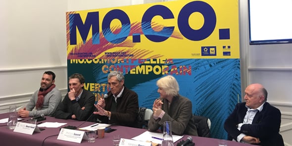 De gauche à droite : S. Truchot (Chiambaretta Architecte), N. Bourriaud (MoCo), P. Saurel (Métropole), V. Bruno (MoCo, B. Lavier (artiste).