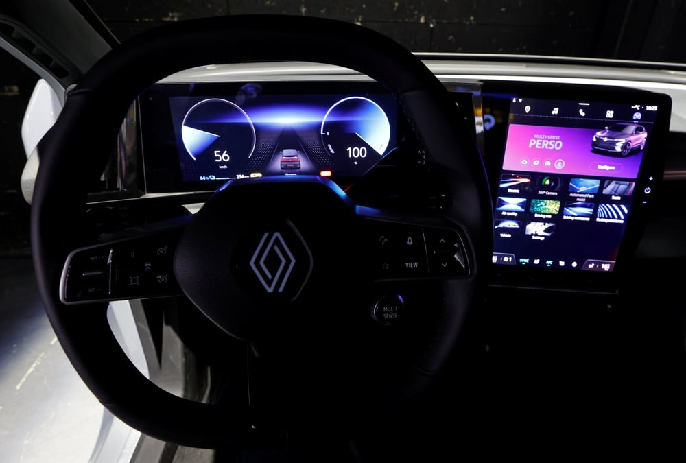 La voiture electrique renault megane e-tech est exposee lors d'une presentation a aubervilliers, pres de paris