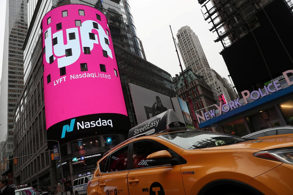 File photo: signage for lyft is seen displayed at the nasdaq marketsite in times square in celebration of its initial public offering (ipo) on the nasdaq stock market in new york