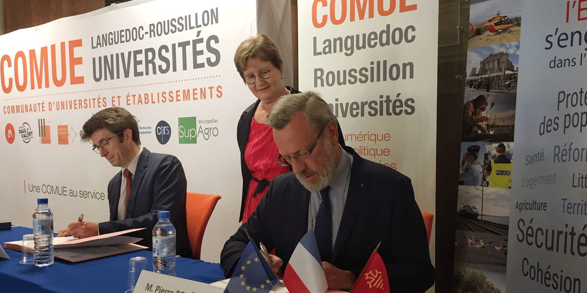 G. Halbout (Comue LR), B. Gille (rectrice) et P. Pouëssel (préfet de l'Hérault), signe une nouvelle convention pour l'accueil au SAI