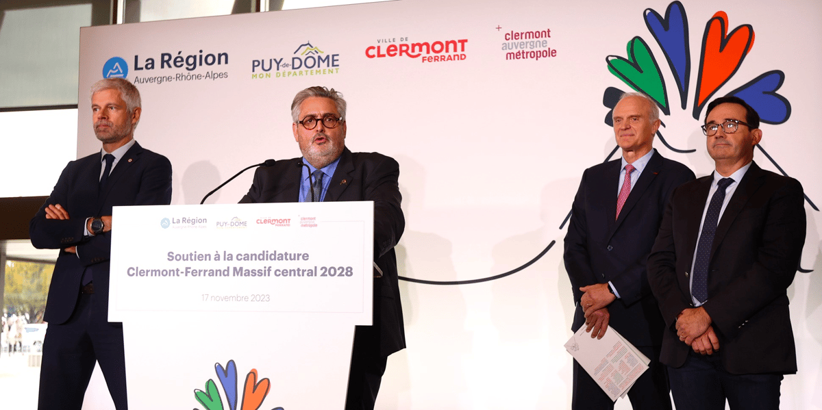 Florent Menegaux, le président du groupe Michelin (deuxième en partant de la gauche), était présent mi-novembre aux côtés des élus lors de la présentation du dossier de candidature de Clermont-Ferrand et du Massif Central.