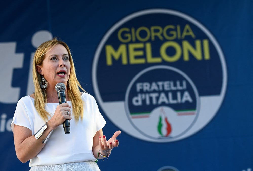 Giorgia meloni, leader du parti d'extreme droite freres d'italie, lors d'un rassemblement a milan