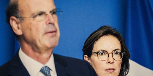 Les ministres Eric Lombard (Economie) et Amélie de Montchalin (Comptes publics) lors d'une conférence de presse à Bercy le jeudi 26 juin.