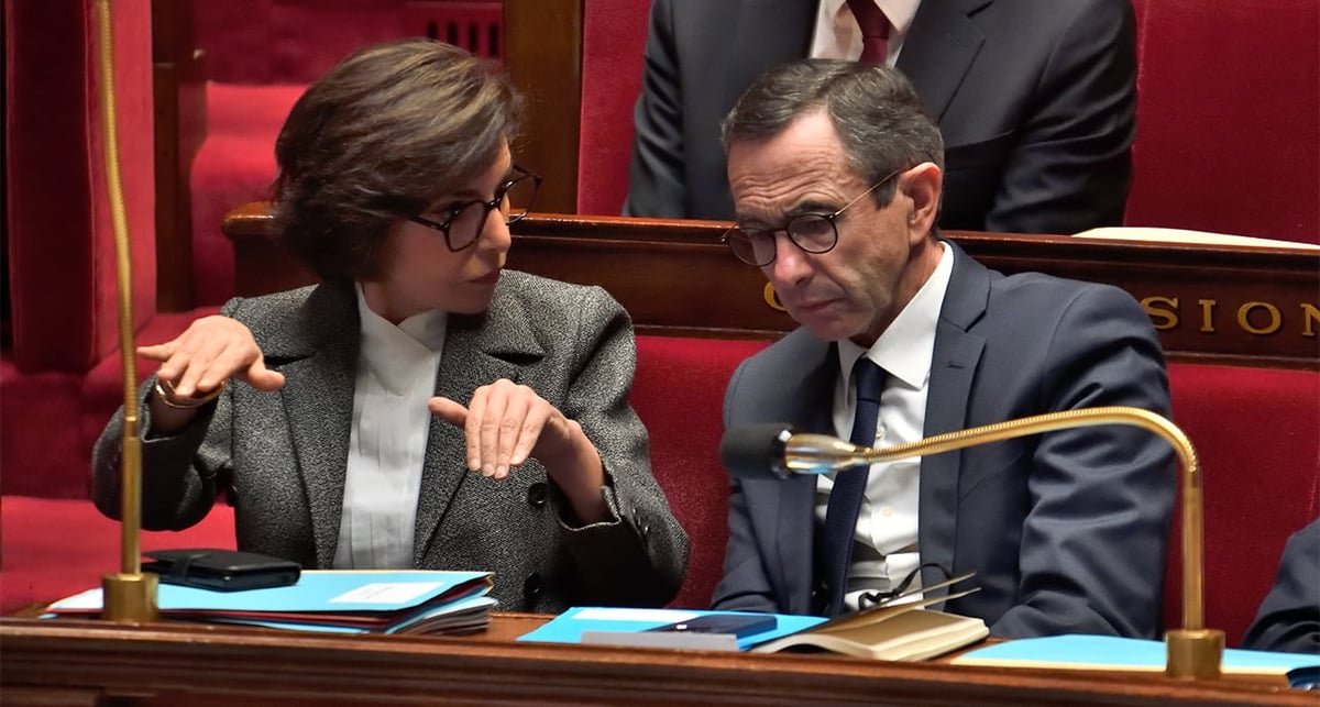 La Ministre de la Culture Rachida Dati et le Ministre de l'Intérieur Bruno Retailleau lors du vote d’une motion de censure contre le gouvernement à la suite de deux 49.3, à l'Assemblée nationale le 5 février.
