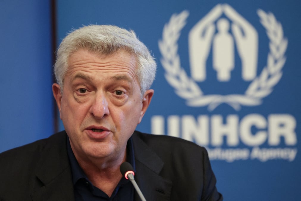 Le haut commissaire des nations unies pour les refugies (hcr) filippo grandi lors d'une conference de presse a beyrouth