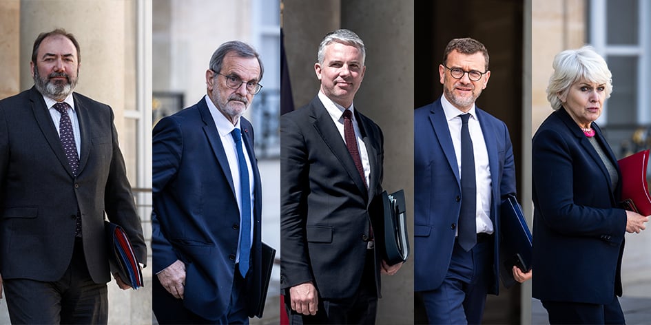 François Braun, ex-ministre de la Santé et de la Prévention. Jean-François Carenco, ex-ministre délégué aux Outre-Mer. Jean-Christophe Combe, ex-ministre des Solidarités. Olivier Klein, ex-ministre délégué à la Ville et au Logement. Isabelle Rome, ex-ministre déléguée à l’Égalité entre les femmes et les hommes.