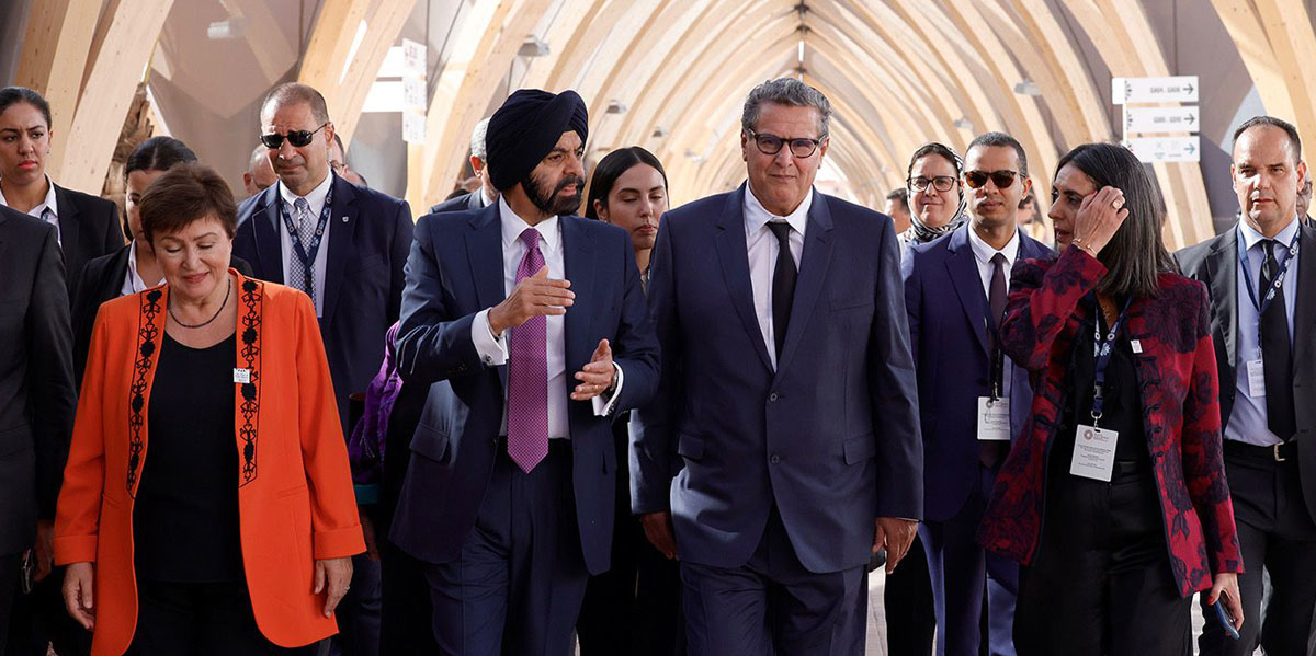 (De gauche à droite) Kristalina Georgieva, directrice générale du FMI; Ajay Banga, président de la Banque mondiale; Aziz Akhannouch, Premier ministre du Royaume du Maroc; Nadia Fettah Alaoui, ministre marocaine de l'Economie et des Finances.
