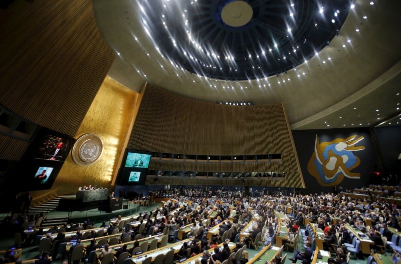 U.s. president barack obama addresses a plenary meeting of the united nations sustainable development summit at the united nations headquarters in manhattan, new york