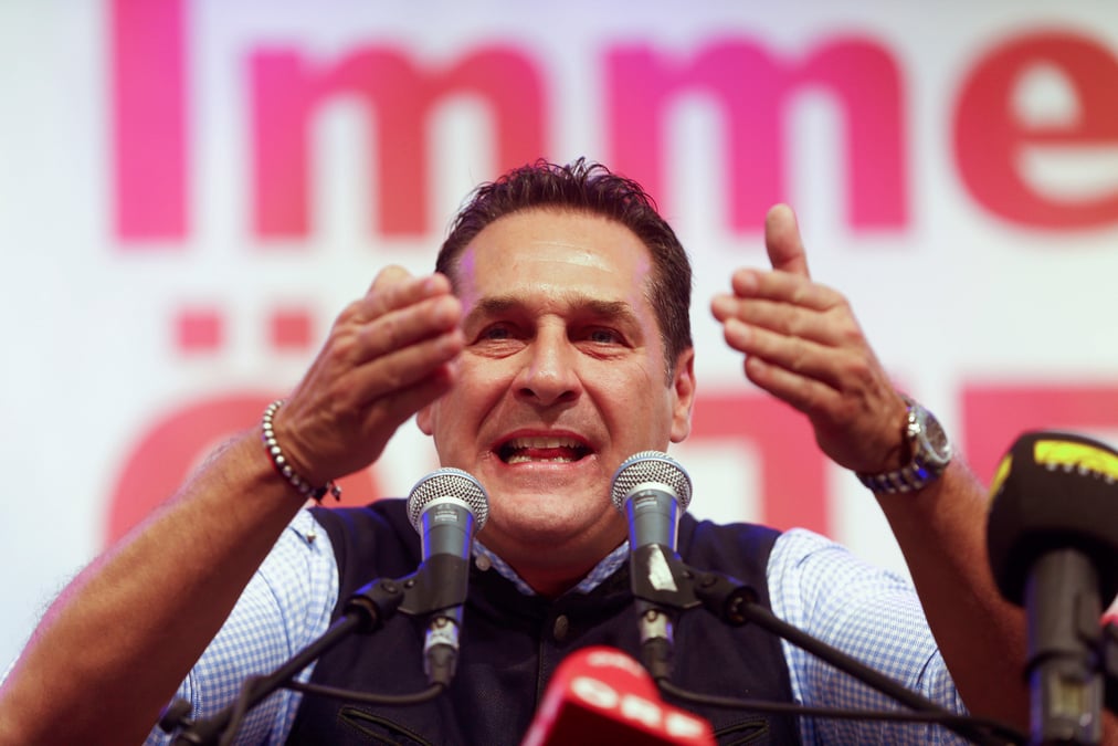 Le président du patri autrichien d'extrême droite FPÖ Heinz-Christian Strache donne un discours le 1er mai 2016 à Vienne, Autriche