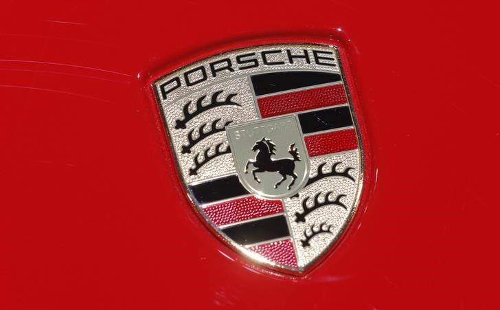 Porsche logo is seen at the 2017 new york international auto show in new york