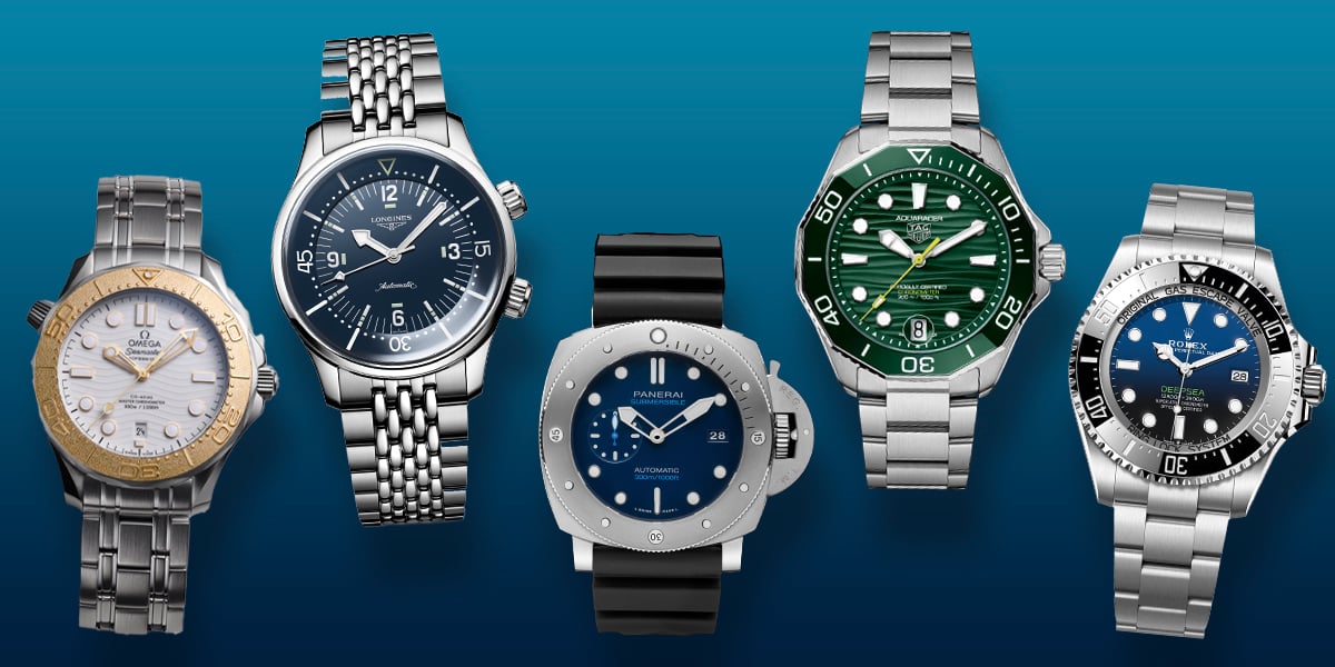De gauche à droite, Omega Seamaster 300 m Paris 2024, Longines Legend Diver, Panerai Submersible, Tag Heuer Aquaracer Professional 300 date & GMT, Rolex Oyster Perpetual Deepsea.