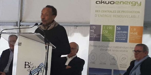 Pierre Rabhi, lors de la pose de la 1e pierre du parc photovoltaïque du Bousquet d'Orb (34) le 9 février 2018.
