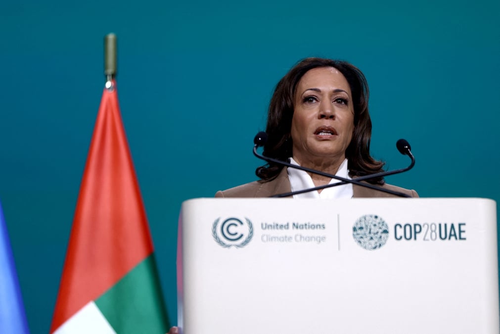 La vice-presidente americaine kamala harris s'exprime a la cop28, a dubai
