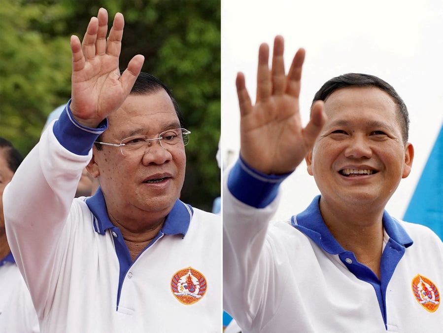 Photo combinee du premier ministre cambodgien hun sen et de son fils hun manet