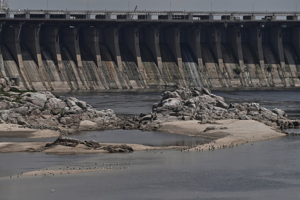 View shows dnipro hydroelectric station and rocky islands which became visible again after water level in the dnipro river sharply dropped following kakhovka dam destruction, in zaporizhzhia