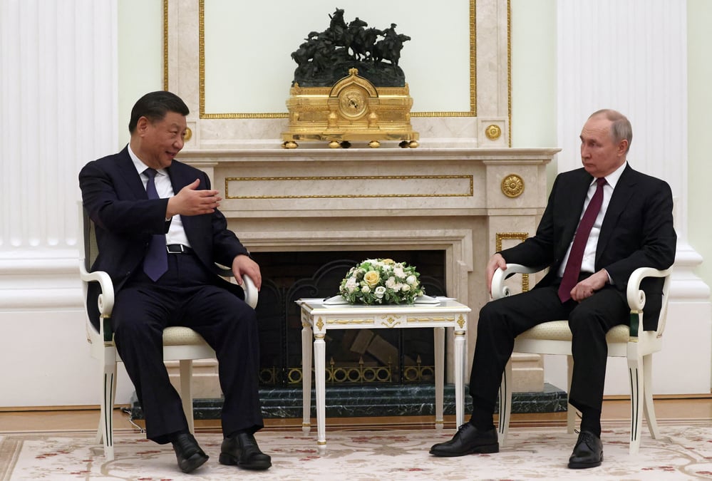 Photo de vladimir poutine et xi jinping lors d'une reunion a moscou