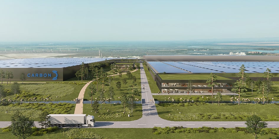 Image de synthèse représentant le projet d’usine Carbon de production de panneaux photovoltaïques.