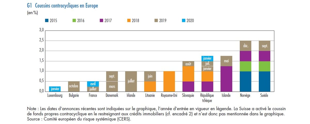 Dix pays de l'Union européenne, mais aussi l'Islande et la Norvège, ont mis en place des "coussins contracycliques", des exigences réglementaires de fonds propres supplémentaires imposées aux banques.