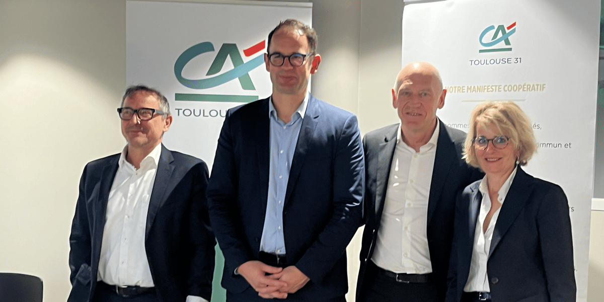 L'équipe du Crédit Agricole 31. De gauche à droite, Christophe Le Beaudour, Nicolas Mauré, Nicolas Langevin et Agnès Coulombe, respectivement Directeur Financier, Président, Directeur Général et Directrice Générale Adjointe de la Caisse régionale Crédit Agricole Toulouse 31.