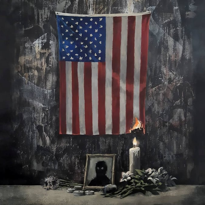 L'artiste banksy illustre le drapeau us prenant feu dans un hommage a george floyd
