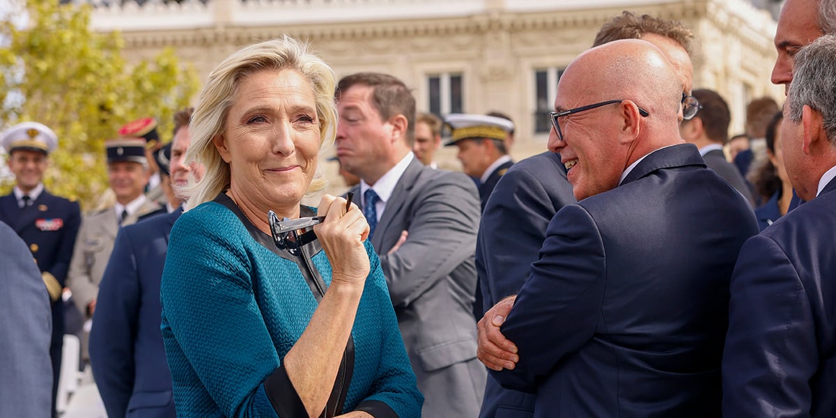 Marine Le Pen et Éric Ciotti lors de la visite du roi Charles III le 20 septembre 2023.
