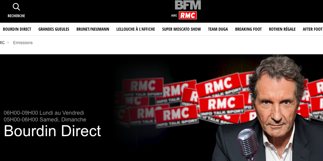La page d'accueil du site de l'émission "Bourdin Direct", la matinale animée par Jean-Jacques Bourdin sur la radio RMC.